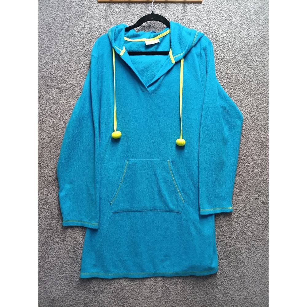 Bobbie Brooks 1X Blue Fleece Hoodie Sleep‎ Tunic w/ Kangaroo Pocket Pom-Poms
